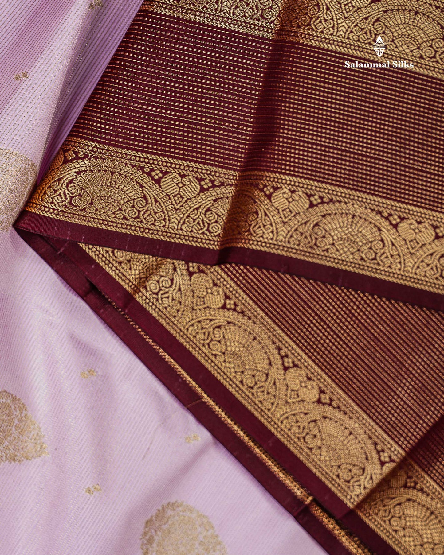 Semi Silk Saree - Pastel Lavender Vaira Oosi Lines With Butta Along With Contrast Dark Brown Traditional Border