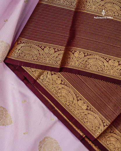 Semi Silk Saree - Pastel Lavender Vaira Oosi Lines With Butta Along With Contrast Dark Brown Traditional Border