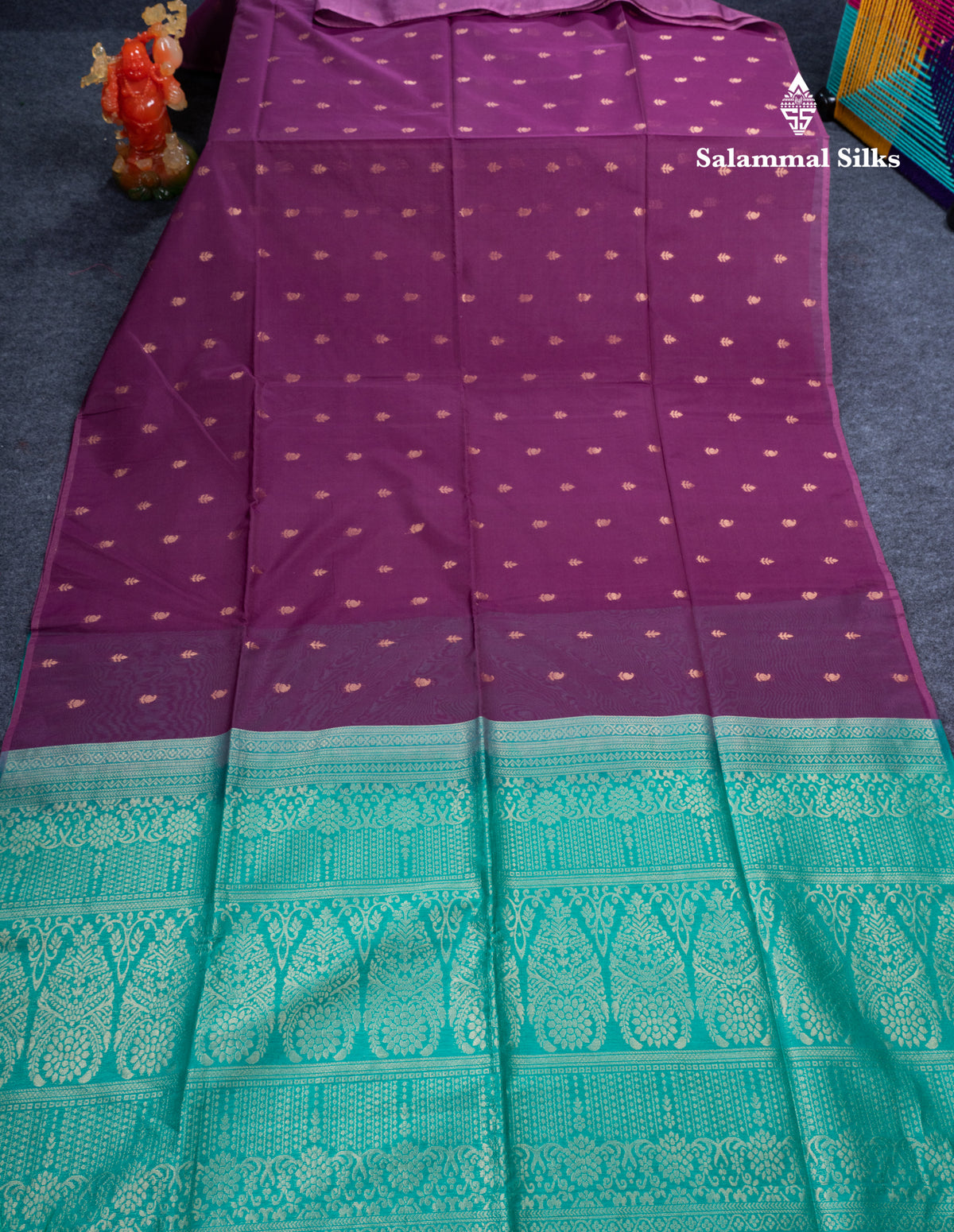 Dark Purple Beautiful Sico Cotton Saree With Contrast Sapphire Green Blouse
