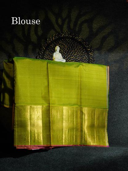 Beautiful Pure Silk Pattu Pavadai Vaira Oosi Lines (Yellow) With Contrast Parrot Green Blouse 44"