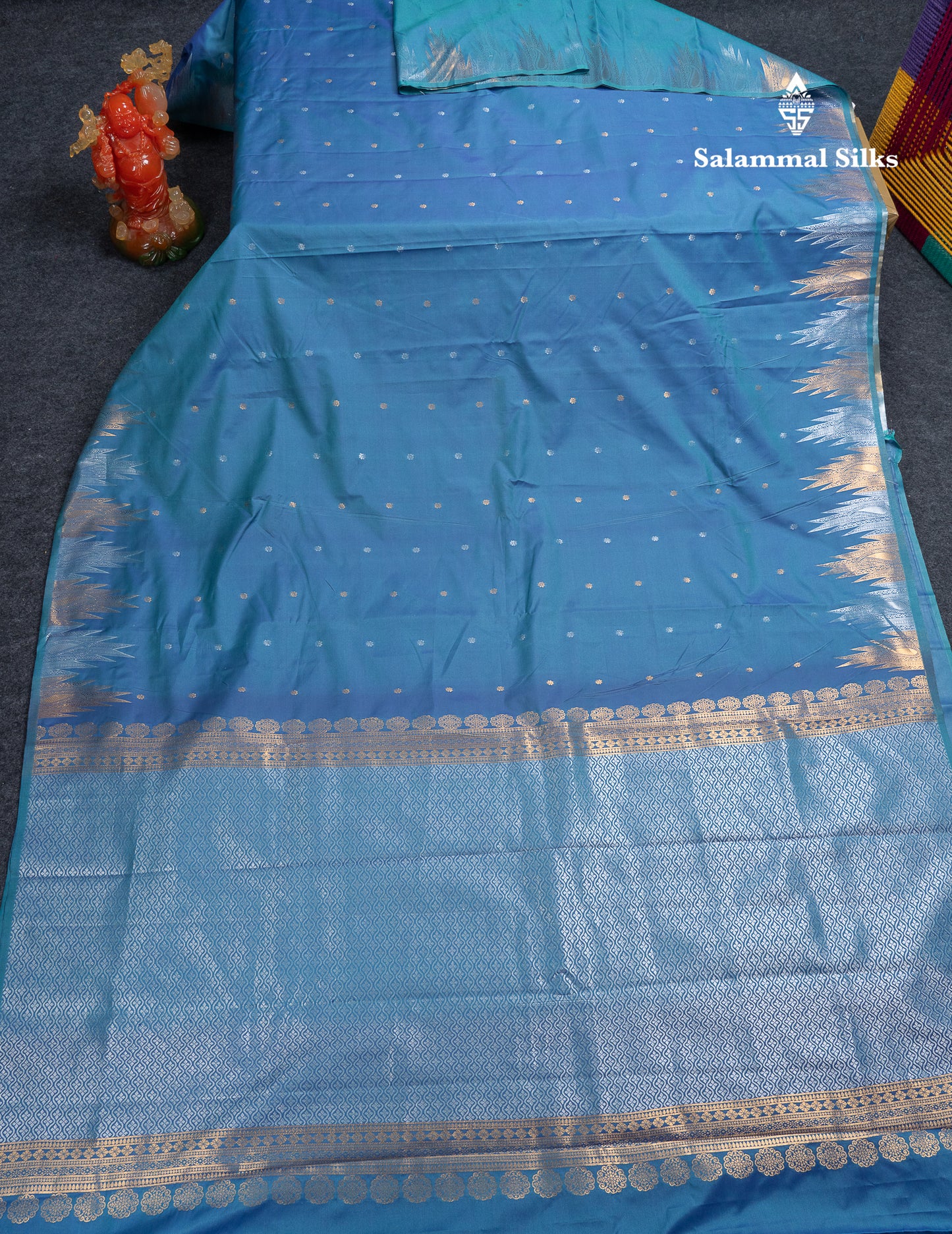 Beautiful Dual Tone Peacock Blue Semi Silk Saree With Traditional Silver & Gold Zari Temple Border
