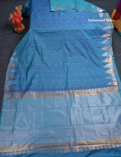 Beautiful Dual Tone Peacock Blue Semi Silk Saree With Traditional Silver & Gold Zari Temple Border