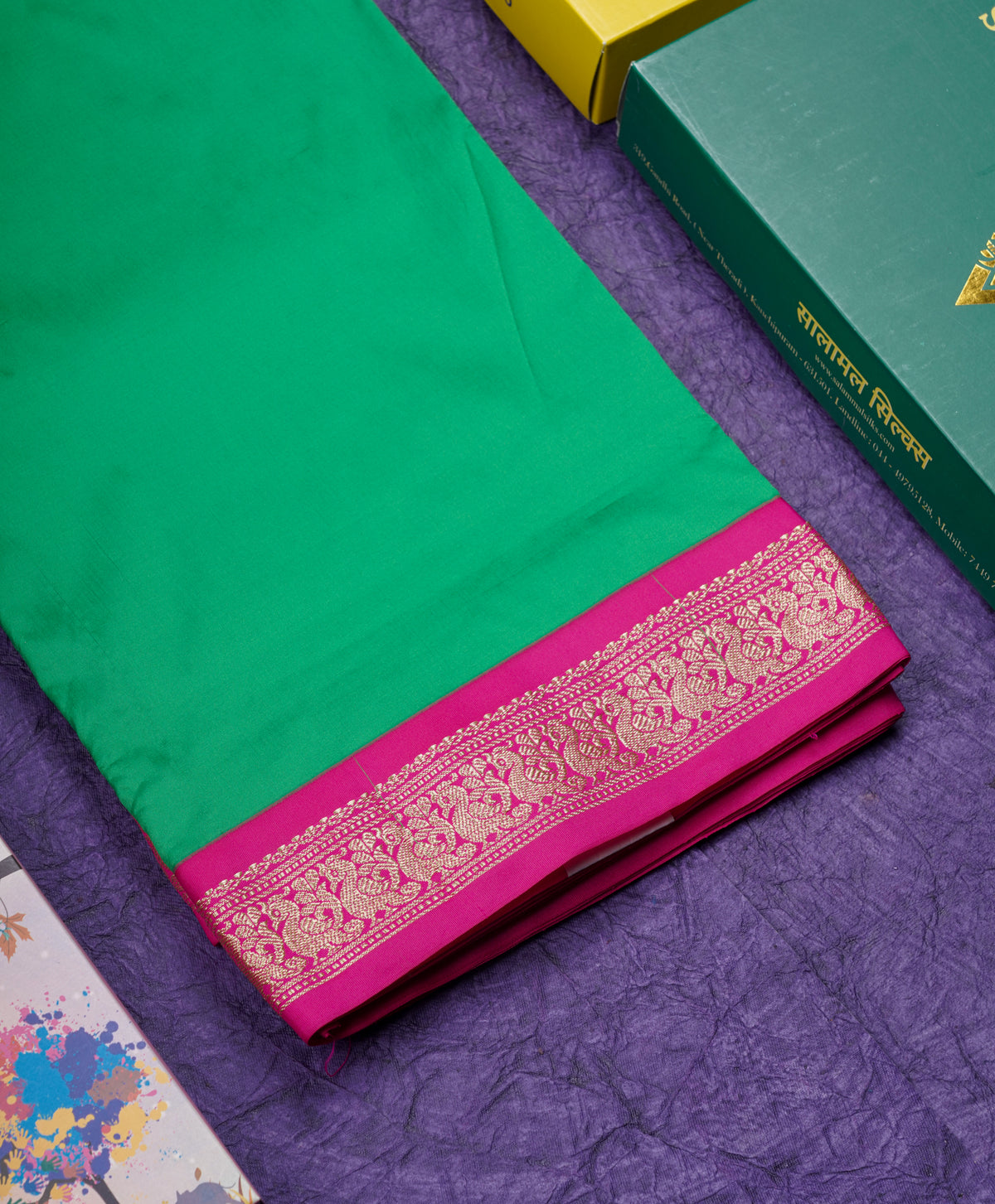 9 Yards Semi Silk Saree Green with Contrast Pink Small Traditional Border