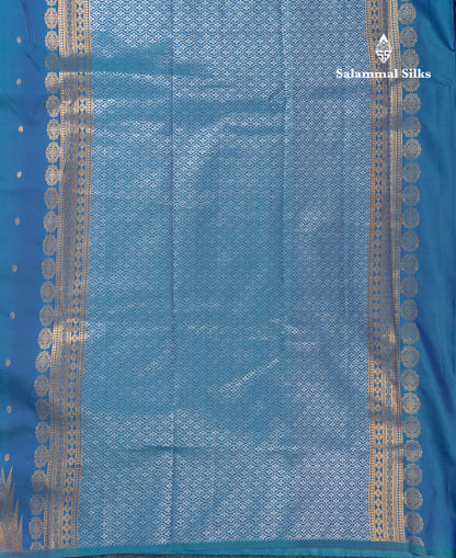Beautiful Dual Tone Peacock Blue Semi Silk Saree With Traditional Silver & Gold Zari Temple Border