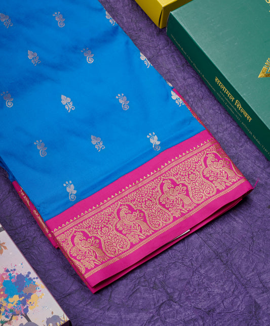 9 Yards Semi Silk Saree Blue with Contrast Pink Border