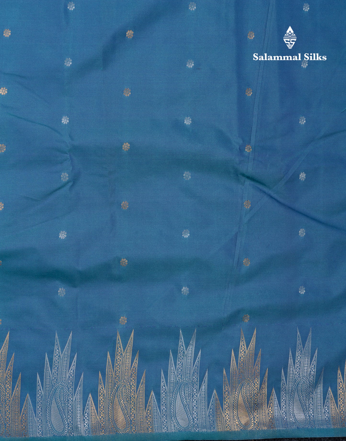 Beautiful Dual Tone Peacock Blue Semi Silk Saree With Traditional Silver & Gold Zari Temple Border