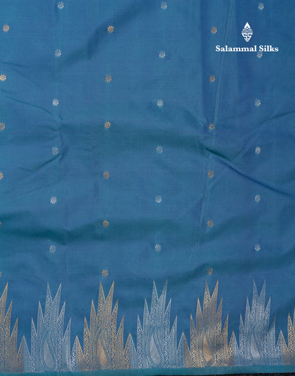 Beautiful Dual Tone Peacock Blue Semi Silk Saree With Traditional Silver & Gold Zari Temple Border