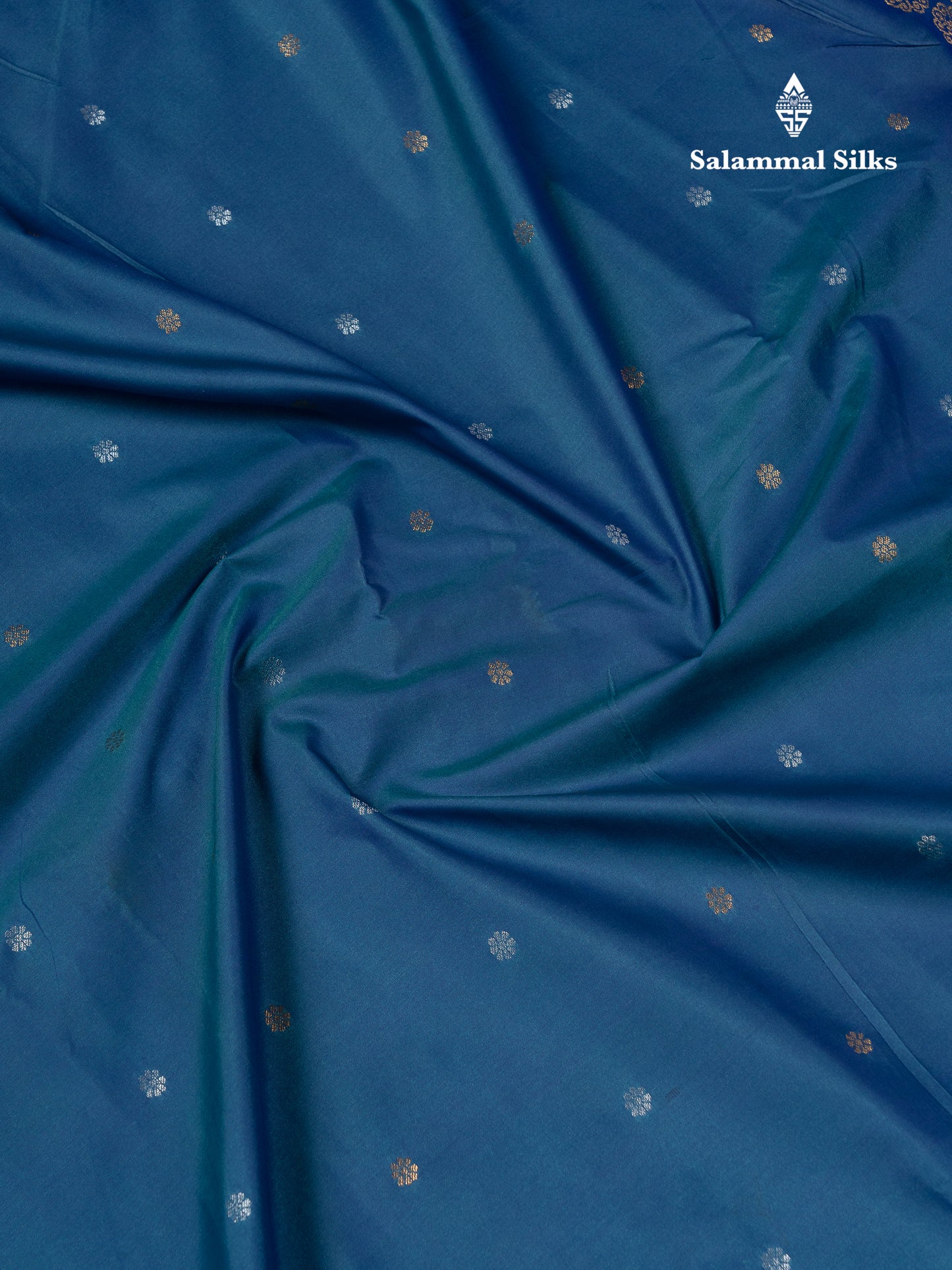 Beautiful Dual Tone Peacock Blue Semi Silk Saree With Traditional Silver & Gold Zari Temple Border
