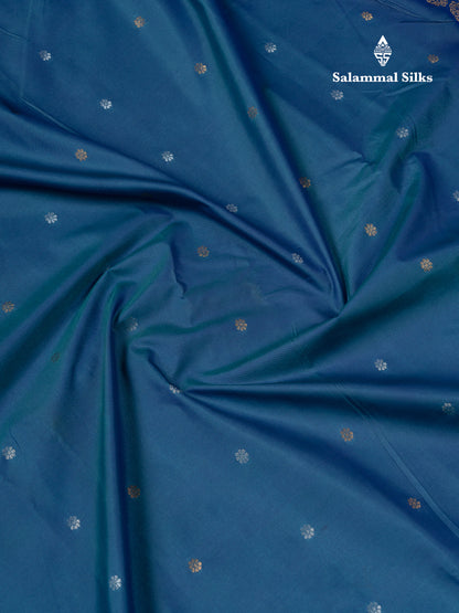 Beautiful Dual Tone Peacock Blue Semi Silk Saree With Traditional Silver & Gold Zari Temple Border