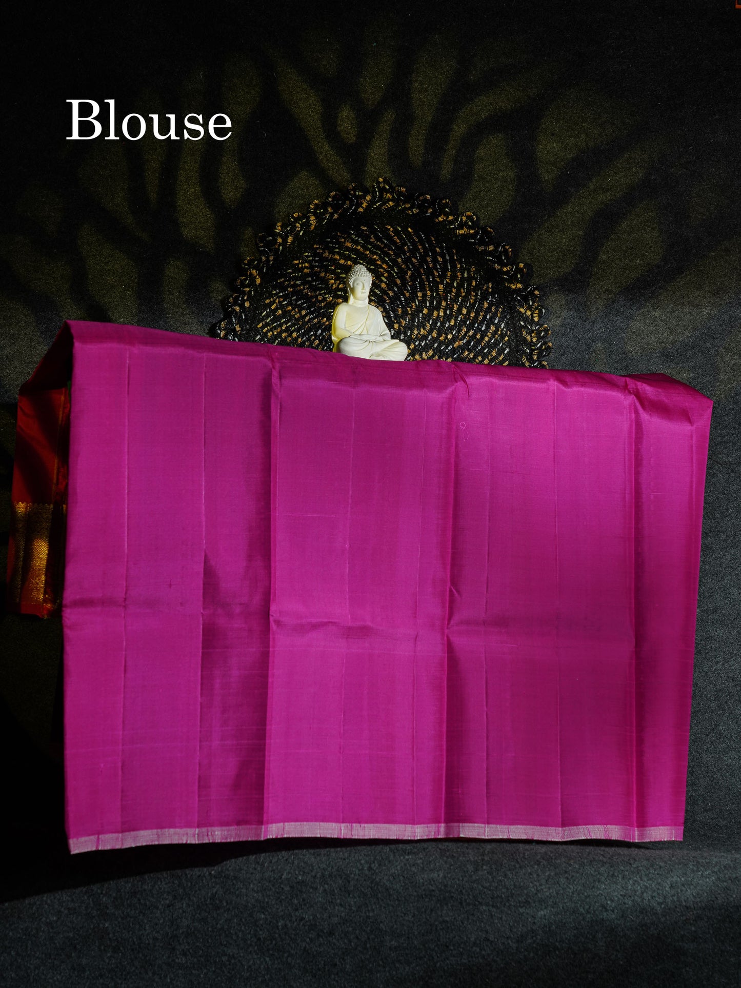 Beautiful Pure Silk Pattu Pavadai (Bottle Green) With Contrast Magenta Pink Blouse 45"