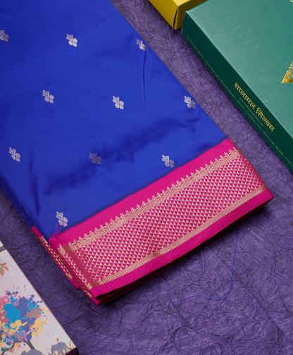 11 Yards Semi Silk Saree Royal Blue with Contrast Pink Border