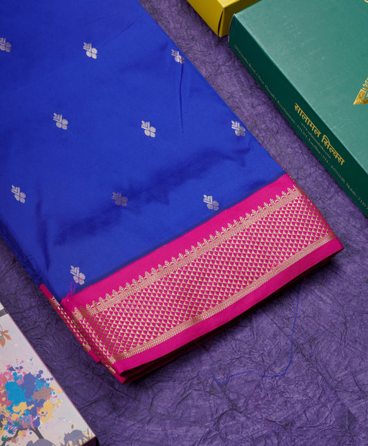 11 Yards Semi Silk Saree Royal Blue with Contrast Pink Border
