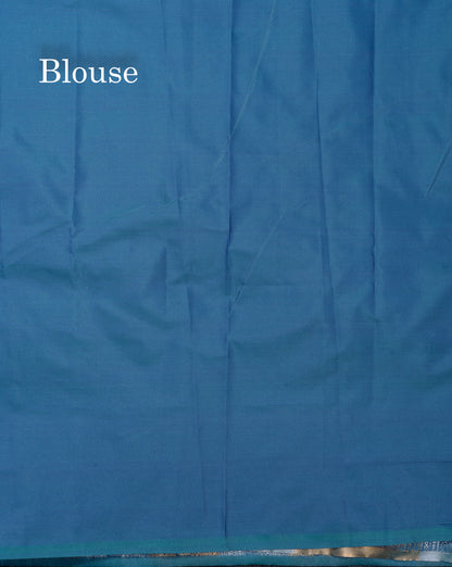 Beautiful Dual Tone Peacock Blue Semi Silk Saree With Traditional Silver & Gold Zari Temple Border