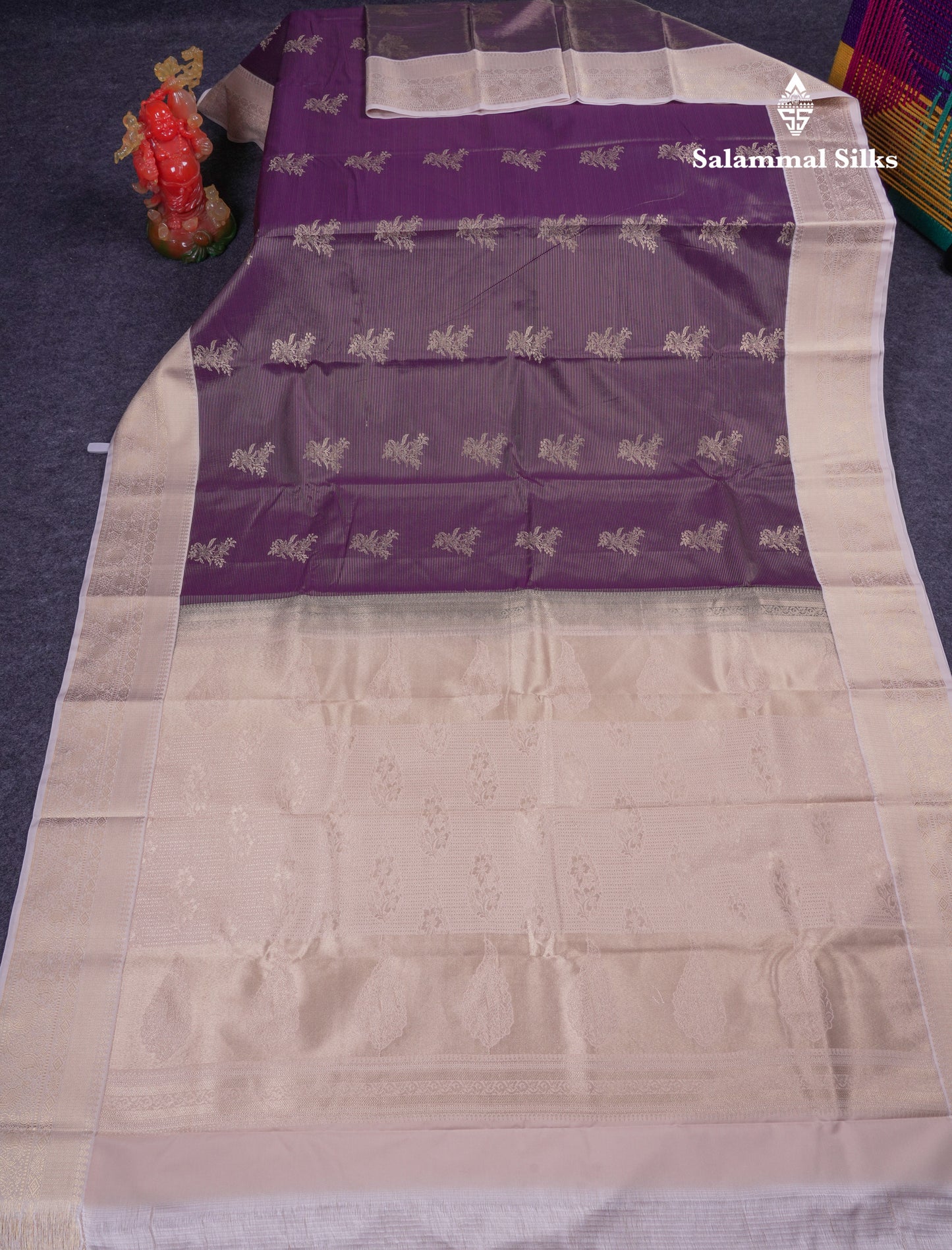 Beautiful Dark Violet Vaira Oosi Lines With Butta Semi Silk Saree With Contrast Cream Traditional Border