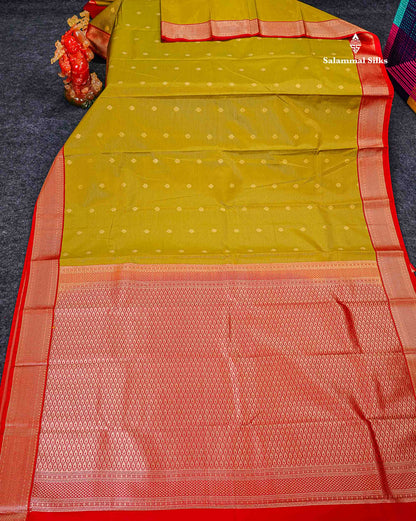 Semi Silk Saree - Mehandi Green Butta With Vaira Oosi Lines Along With Contrast Red Traditional Medium Border