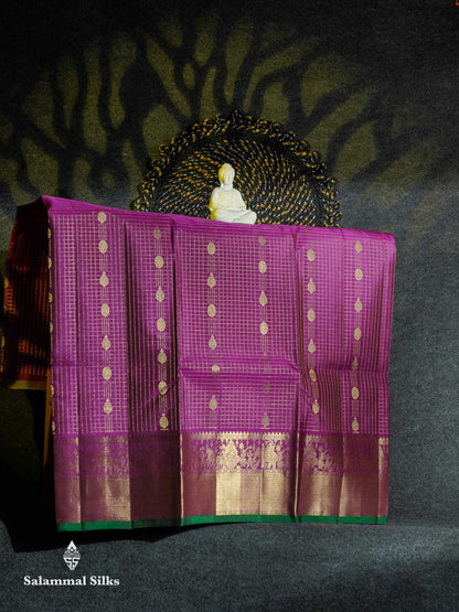 Beautiful Pure Silk Pattu Pavadai Checks (Magenta) With Contrast Bottle Green Blouse 45"