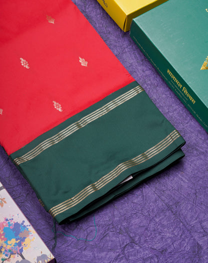 9 Yards Semi Silk Saree Chilly Red With Contrast Bottle Green Gap Border