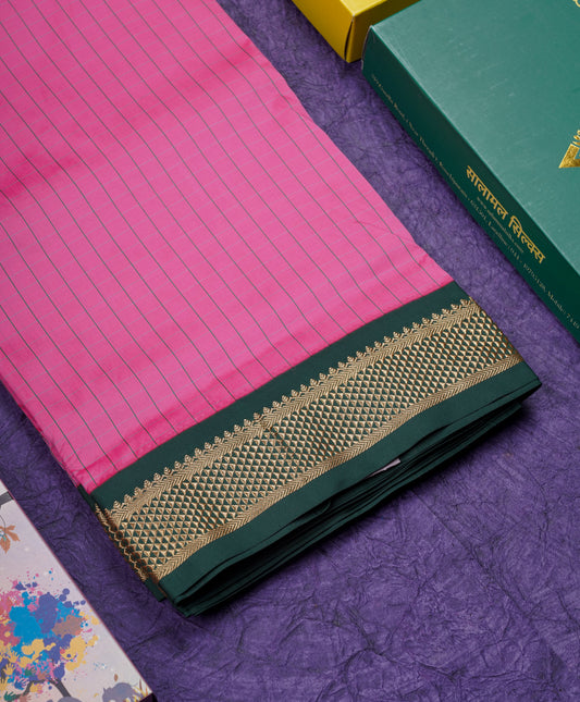 9 Yards Semi Silk Saree Pink Small Checks With Contrast Bottle Green Border