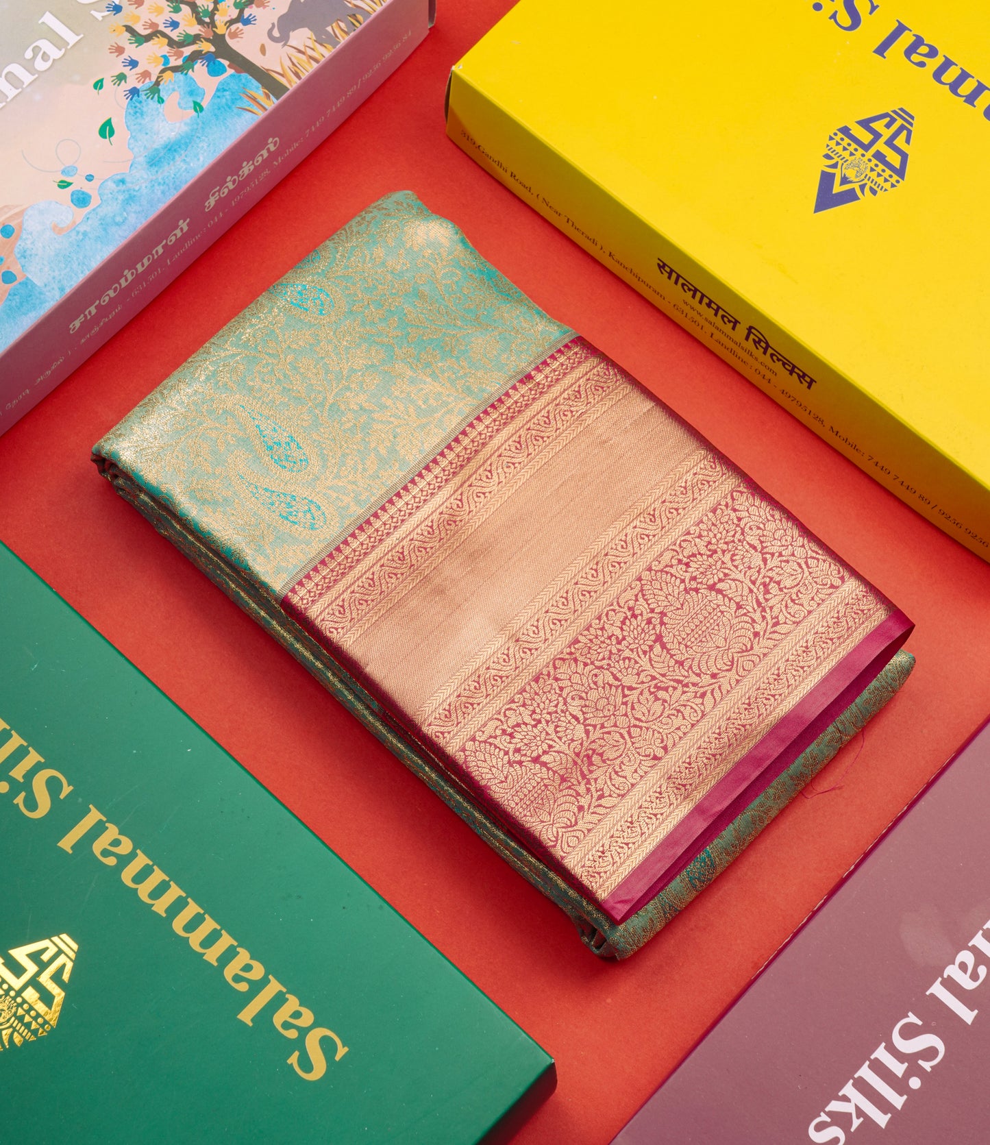 Light Green Bridal Tissue Semi Silk Saree With Contrast Pink Border