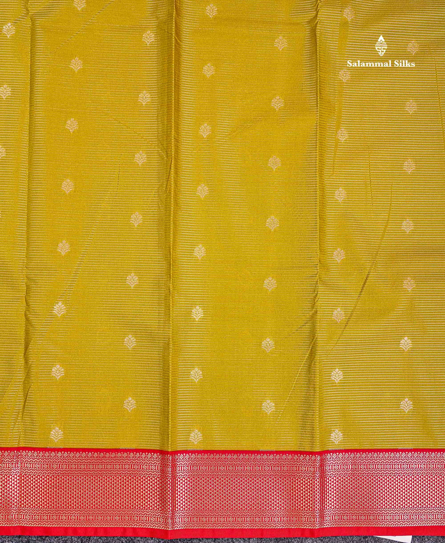 Semi Silk Saree - Mehandi Green Butta With Vaira Oosi Lines Along With Contrast Red Traditional Medium Border