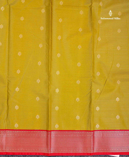 Semi Silk Saree - Mehandi Green Butta With Vaira Oosi Lines Along With Contrast Red Traditional Medium Border