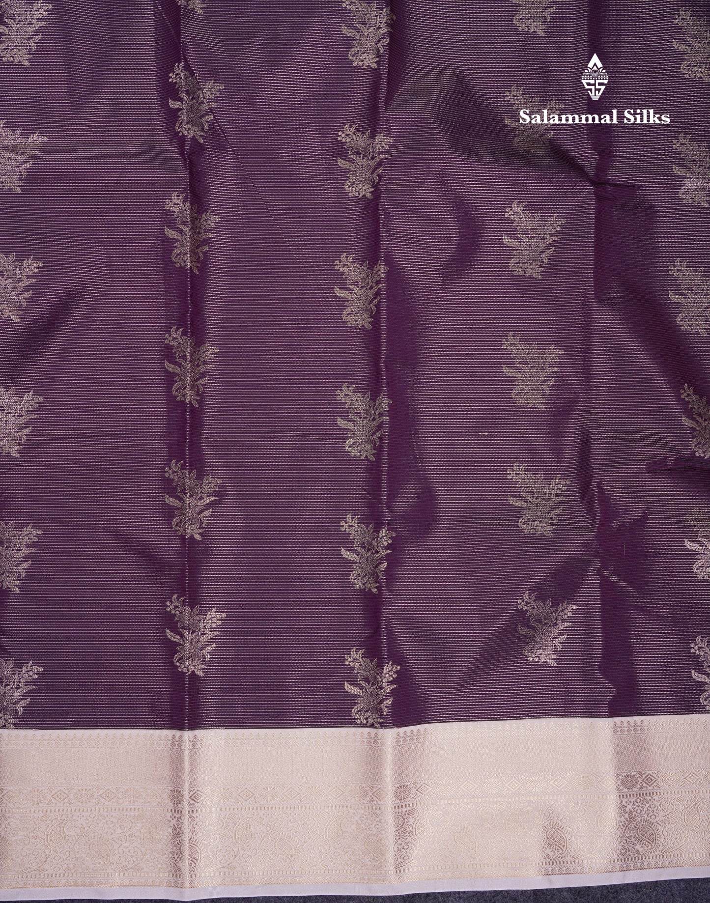 Beautiful Dark Violet Vaira Oosi Lines With Butta Semi Silk Saree With Contrast Cream Traditional Border