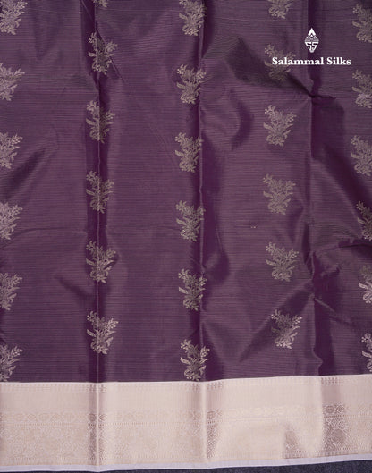 Beautiful Dark Violet Vaira Oosi Lines With Butta Semi Silk Saree With Contrast Cream Traditional Border