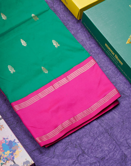 9 Yards Semi Silk Saree Green With Contrast Pink Gap Border