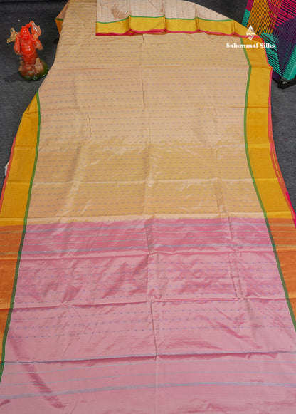 Semi Silk Saree - Beige Colour Body With Contrast Baby Pink Blouse