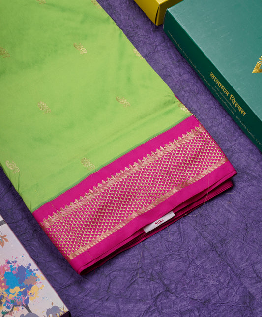 9 Yards Semi Silk Saree Green With Contrast Pink Border