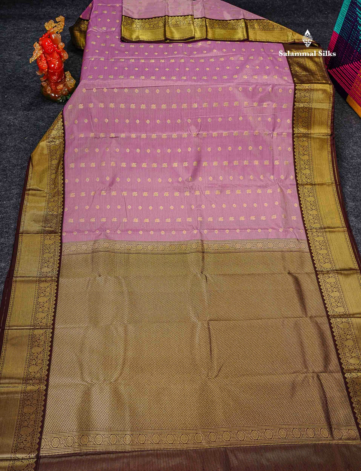 Semi Silk Saree - Light Lavender Traditional Buttas With Vaira Oosi Lines Along With Contrast Dark Brown Border