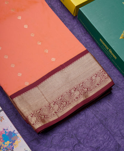 9 Yards Semi Silk Saree Peach Orange with Contrast Maroon Border
