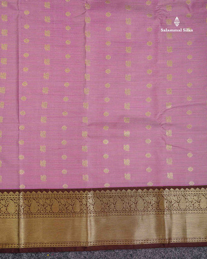 Semi Silk Saree - Light Lavender Traditional Buttas With Vaira Oosi Lines Along With Contrast Dark Brown Border