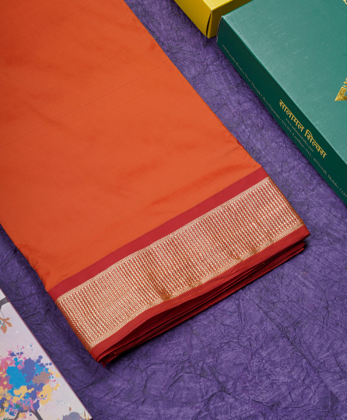 9 Yards Semi Silk Saree Orange Colour with Red Border