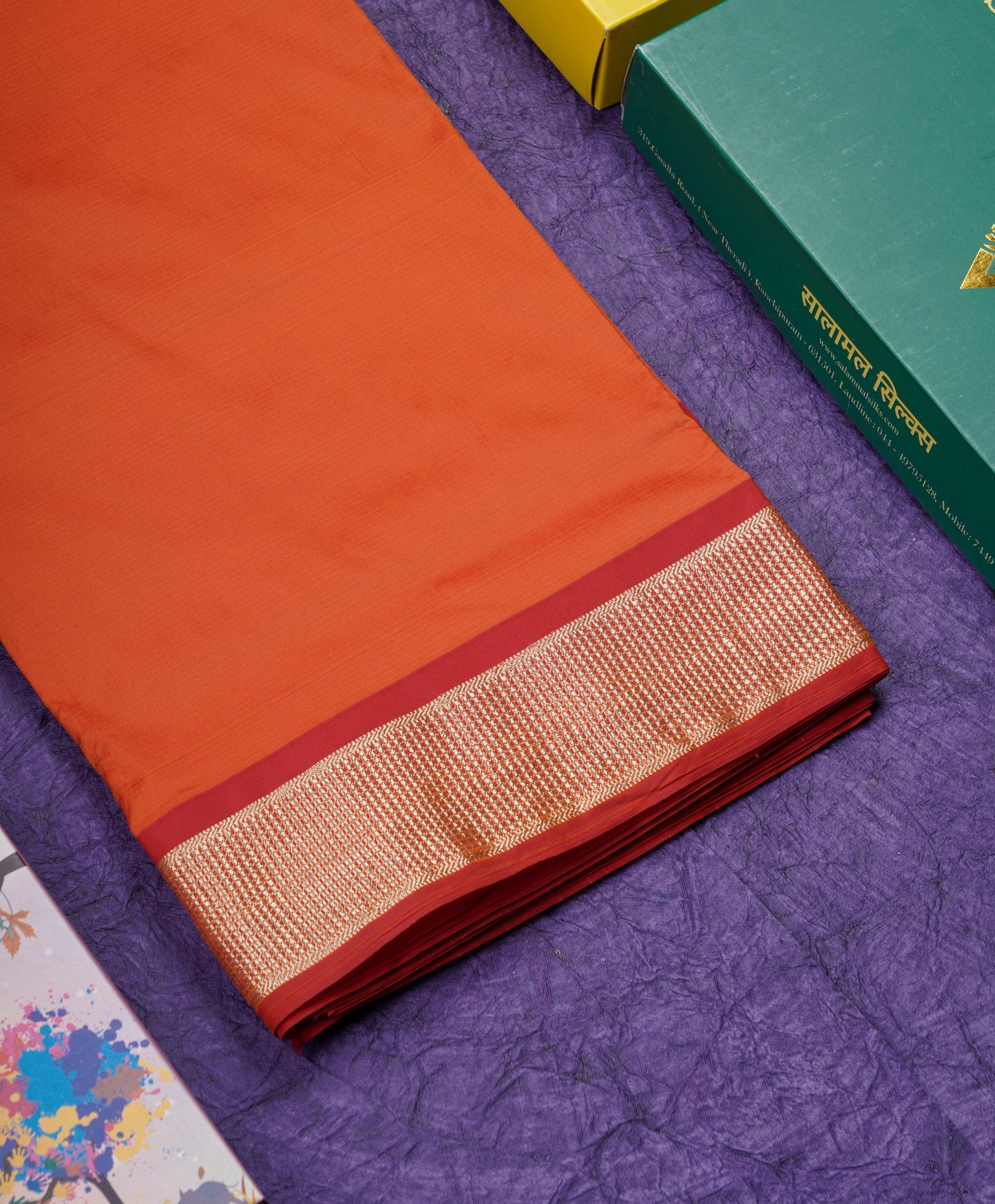 9 Yards Semi Silk Saree Orange Colour with Red Border