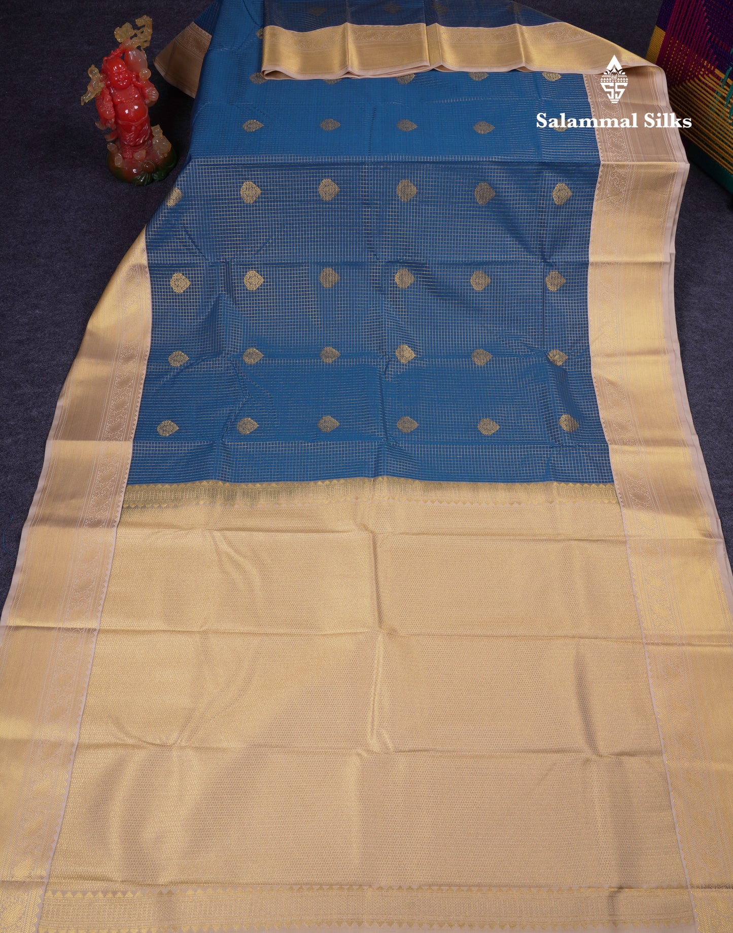 Beautiful Ramar Blue Checks With Butta Semi Silk Saree With Contrast Sandal Traditional Border
