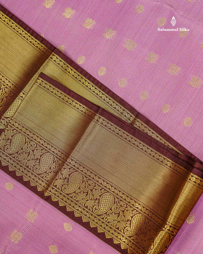 Semi Silk Saree - Light Lavender Traditional Buttas With Vaira Oosi Lines Along With Contrast Dark Brown Border
