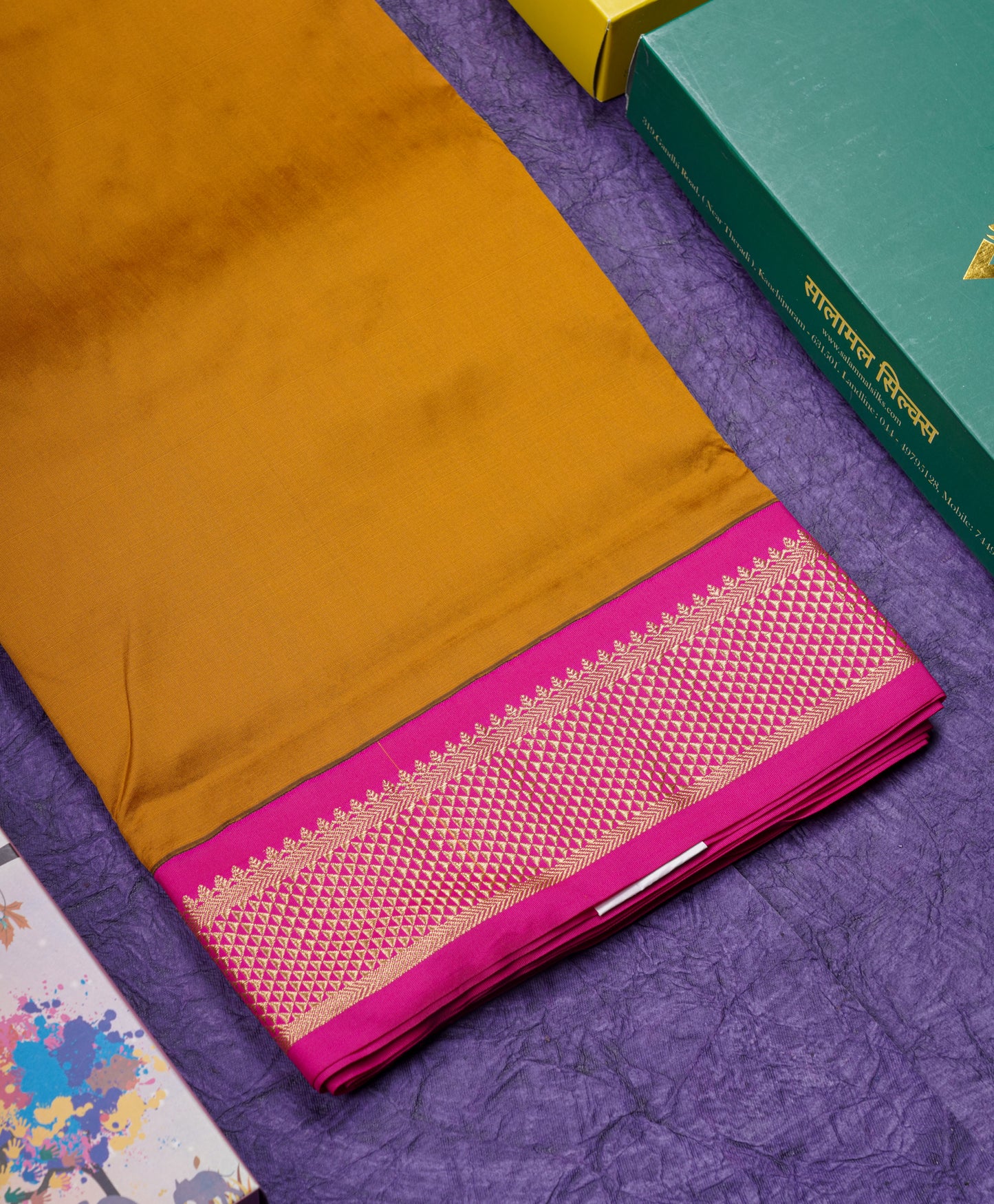 9 Yards Semi Silk Saree Mustard Yellow with Contrast Pink Border