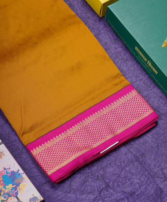 9 Yards Semi Silk Saree Mustard Yellow with Contrast Pink Border