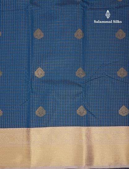 Beautiful Ramar Blue Checks With Butta Semi Silk Saree With Contrast Sandal Traditional Border