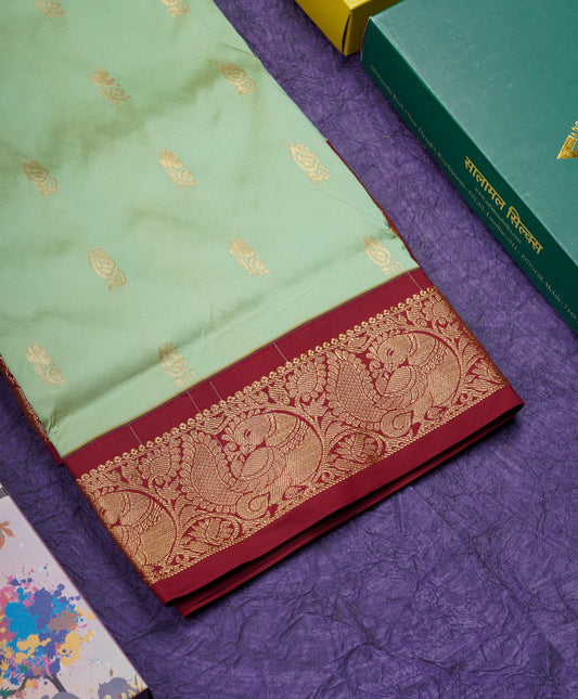 9 Yards Semi Silk Saree Light Green With Contrast Maroon Border