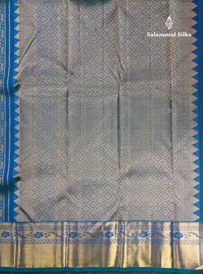 Dual Tone Peacock Blue Menakari Work Bridal Pure Kanjivaram Silk Saree With Traditional Border