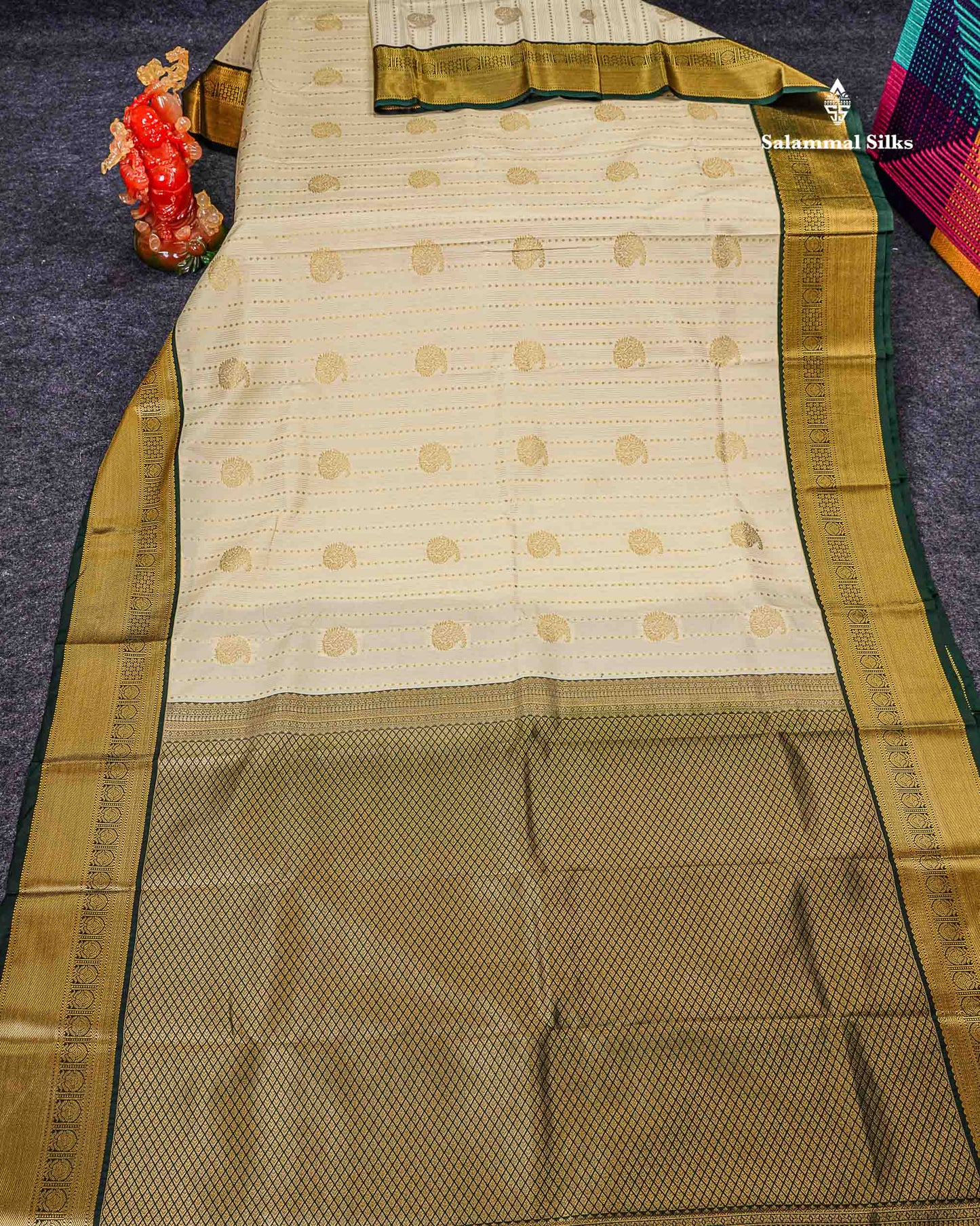 Semi Silk Saree - Bottle Green Butta With Lines Along With Contrast Mustard Yellow Traditional Border