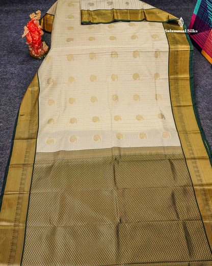 Semi Silk Saree - Bottle Green Butta With Lines Along With Contrast Mustard Yellow Traditional Border