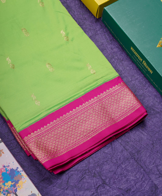 9.5 Yards Semi Silk Saree Parrot Green with Contrast Pink Border