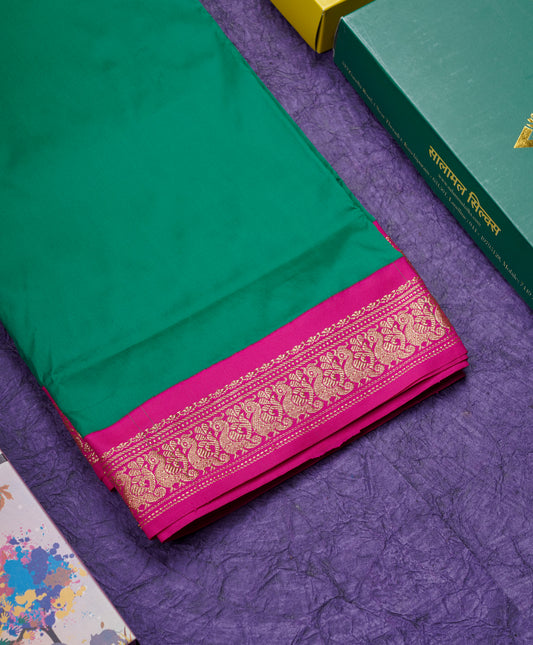 9.5 Yards Semi Silk Saree Bottle Green with Contrast Pink Border
