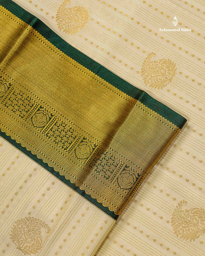 Semi Silk Saree - Bottle Green Butta With Lines Along With Contrast Mustard Yellow Traditional Border