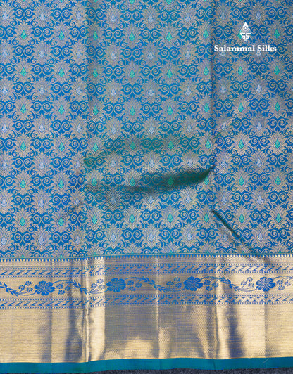 Dual Tone Peacock Blue Menakari Work Bridal Pure Kanjivaram Silk Saree With Traditional Border
