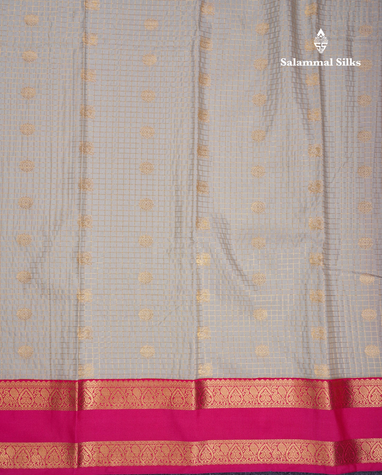 Beautiful Grey White Checks With Butta Semi Silk Saree With Contrast Pink Traditional Rettapet Border