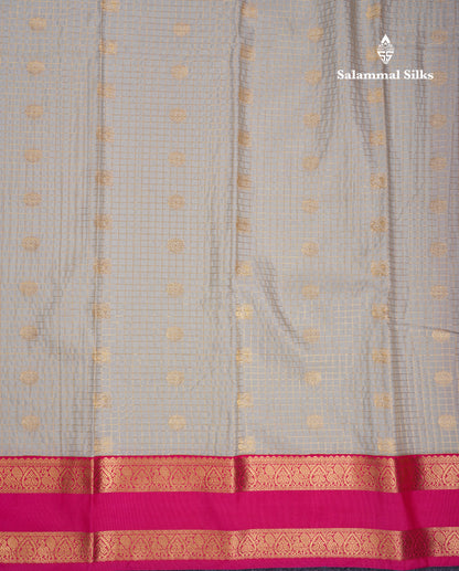 Beautiful Grey White Checks With Butta Semi Silk Saree With Contrast Pink Traditional Rettapet Border